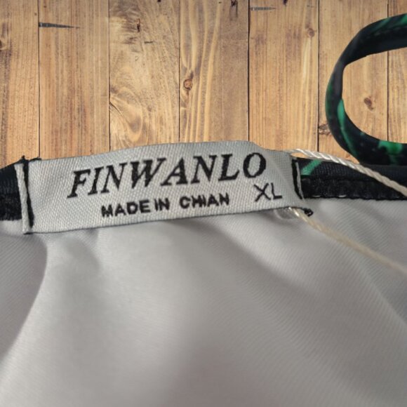 Finwanlo 1 Piece Criss Cross Back Swimsuit Black with Green Tropical Pattern NWT - Picture 7 of 8
